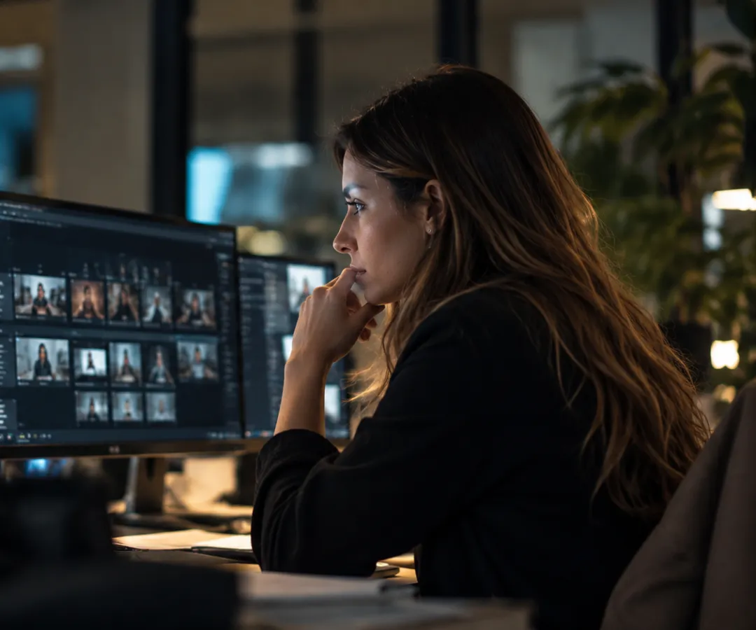 Una mujer frente a varios monitores con previsualizaciones de vídeo