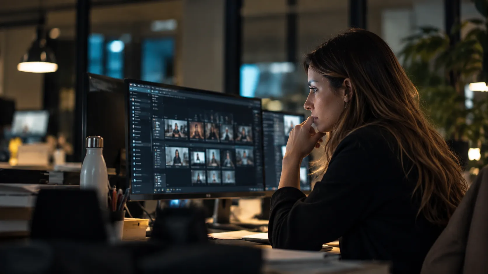 Una mujer frente a varios monitores con previsualizaciones de vídeo