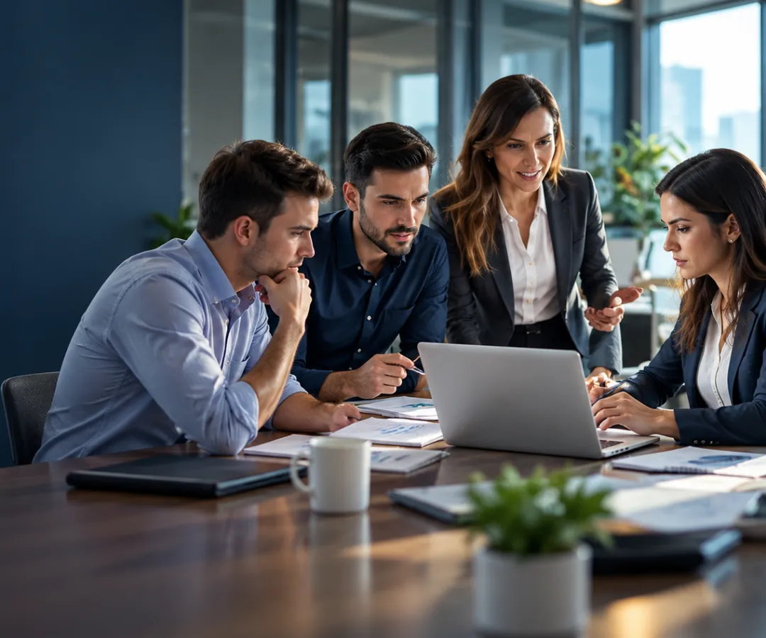 Four colleagues in a meeting review documents and a laptop