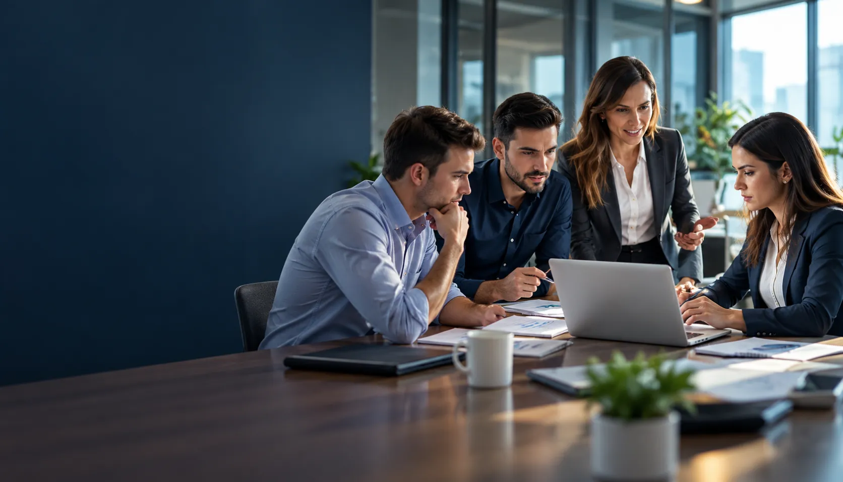 Four colleagues in a meeting review documents and a laptop