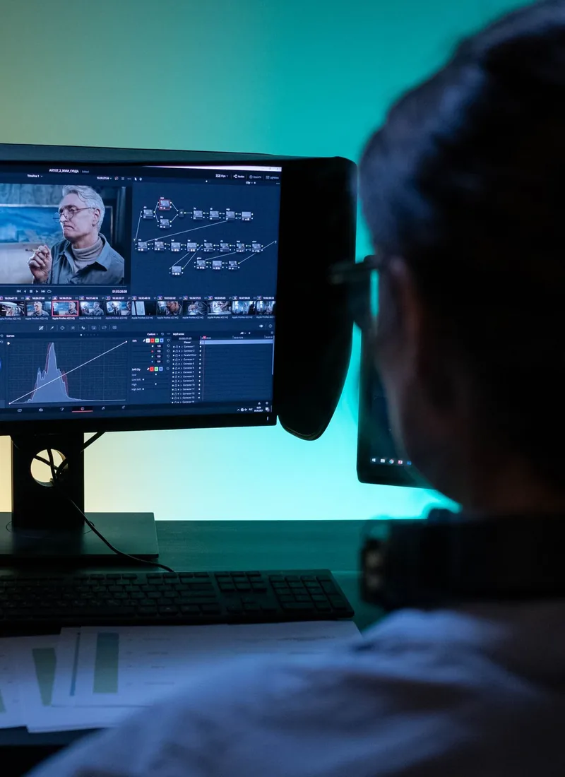 An editor cutting video in front of a monitor