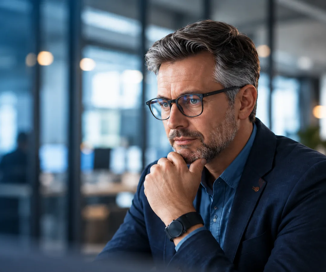 A professional in glasses thinking in an office, hand on his chin