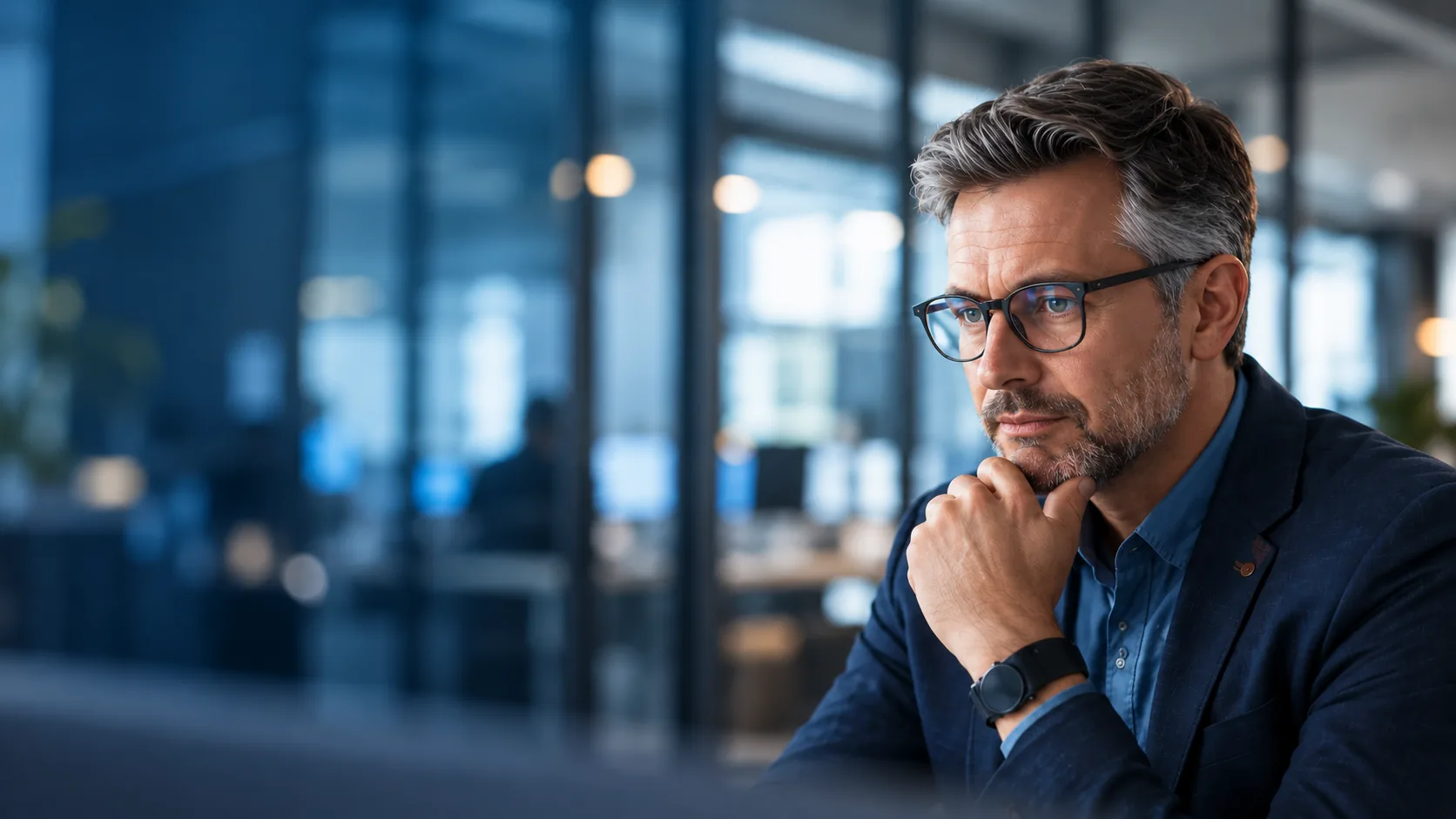 A professional in glasses thinking in an office, hand on his chin